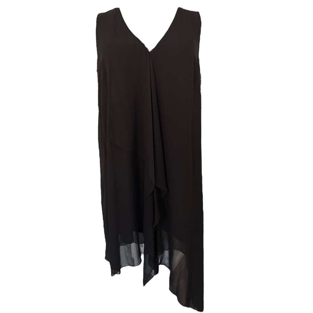 ADRIANNA PAPELL Black Sleeveless Midi Dress waterfall sheer high low hem 18W - Picture 2 of 7
